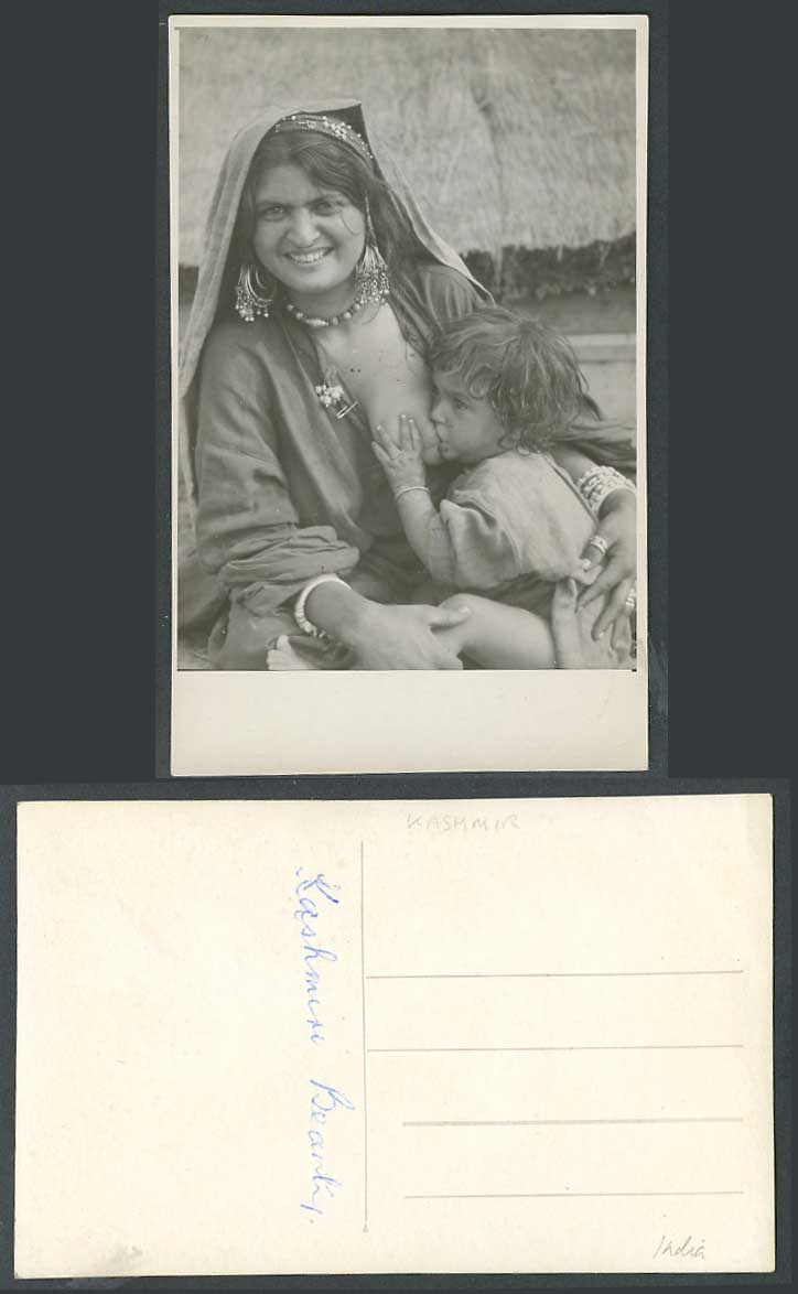 India Old Real Photo Postcard Kashmir Beauty A Kashmiri Woman Breastfeeding Baby