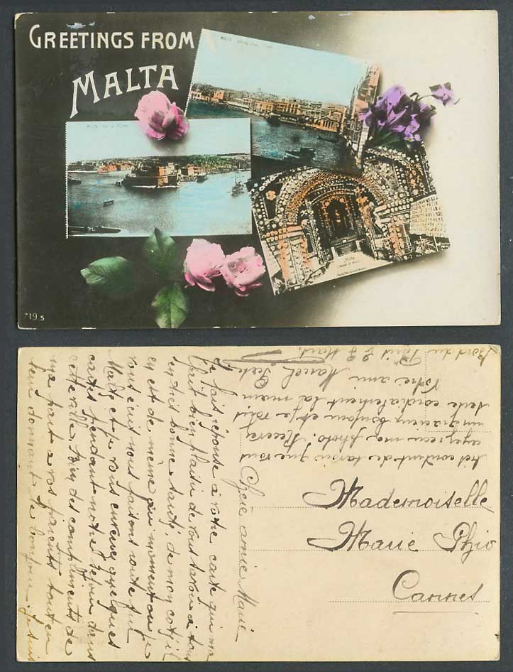 Malta Greetings From Old Hand Tinted Postcard Fort St Angelo Chapel of Bones etc