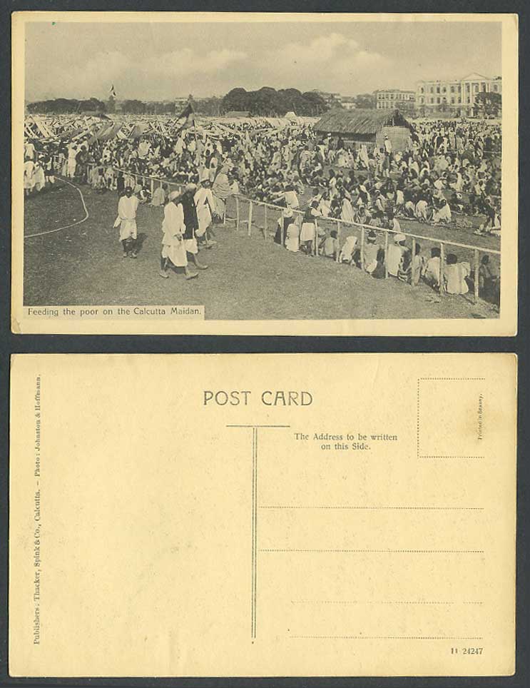 India Old Postcard Feeding Poor on Calcutta Maidan, Ethnic Life Crowd Native Hut