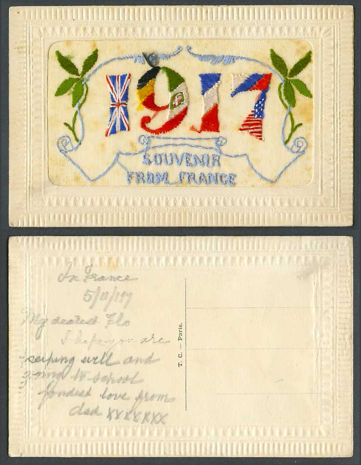 WW1 SILK Embroidered 1917 Souvenir from France French Old Postcard Flags Novelty