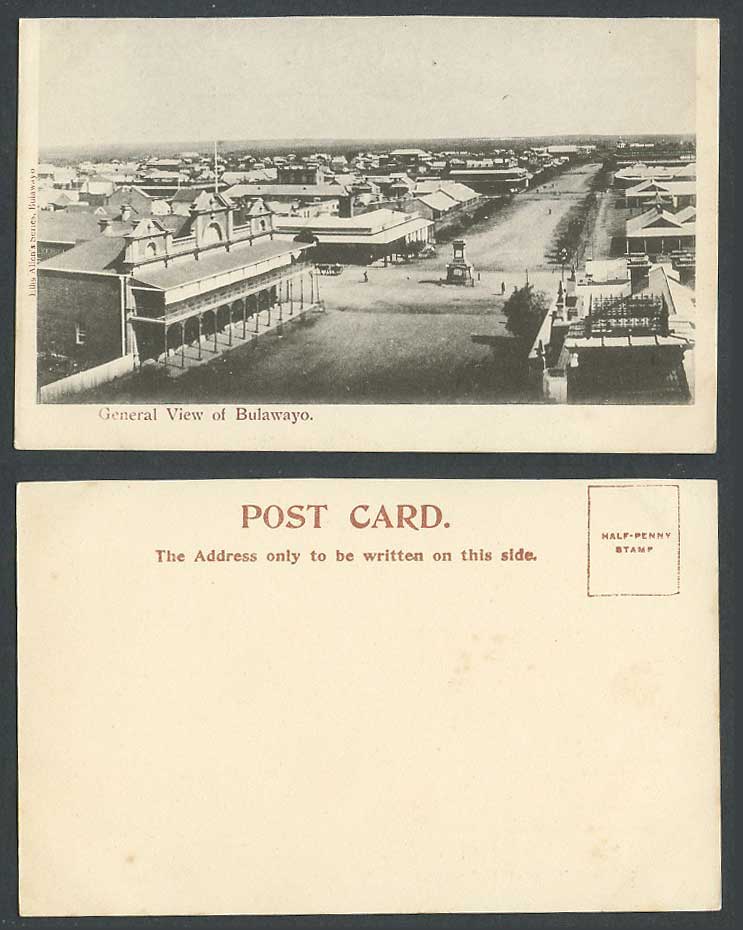 Rhodesia Old U.B. Postcard General View of Bulawayo, Main Street Scene. Monument