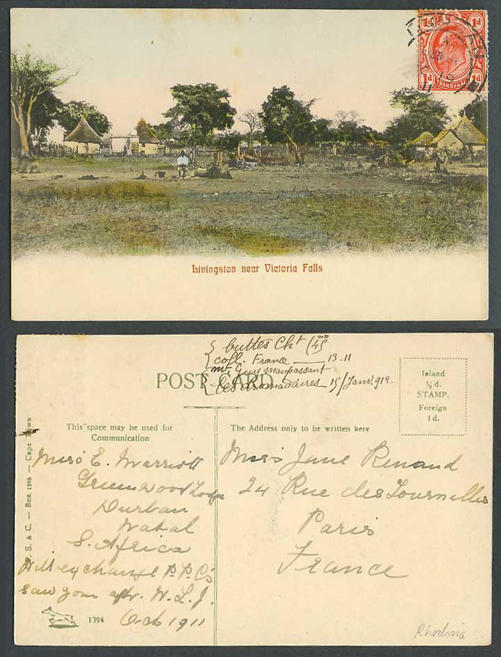 Rhodesia KE7 1d 1911 Old Hand Tinted Postcard Livingstone near Victoria Falls