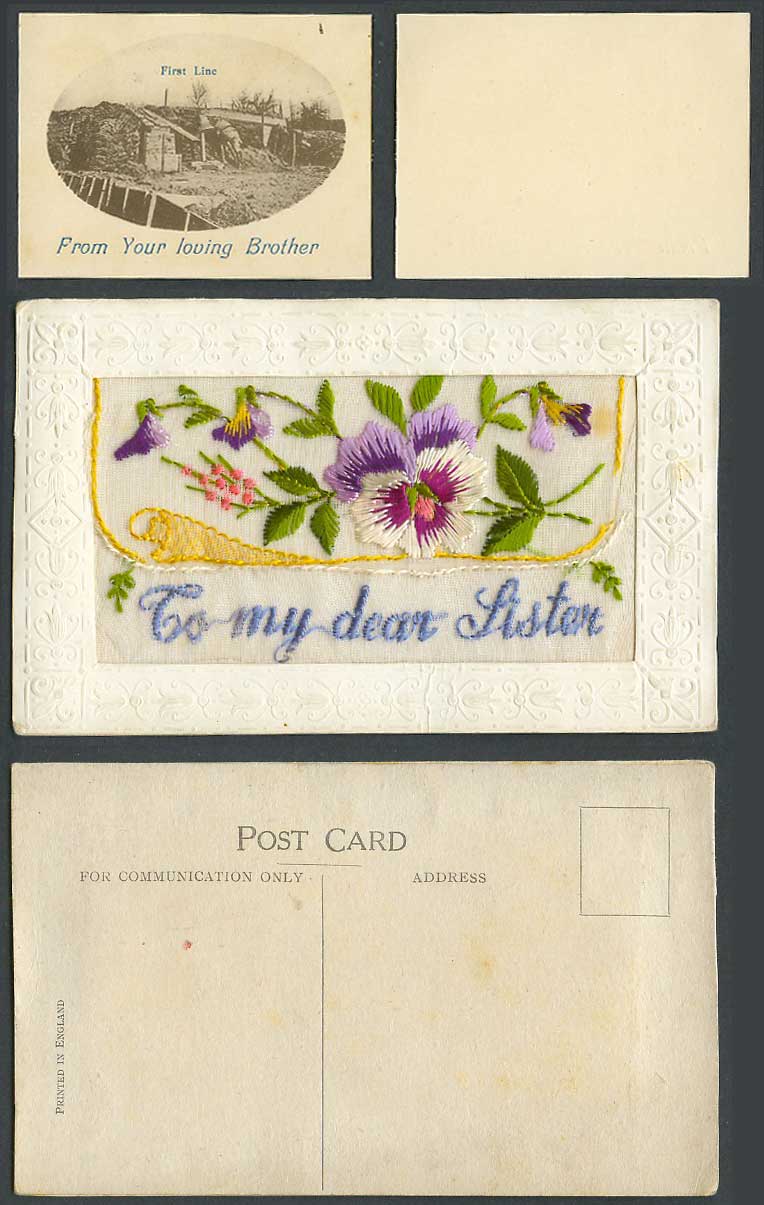 WW1 SILK Embroidered Old Postcard To My Dear Sister First Line From Your Brother