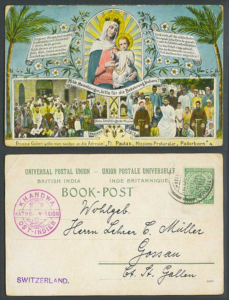 India KG5 Old Postcard Khandwa Fr. Paul Mission Procurator Paderborn Switzerland