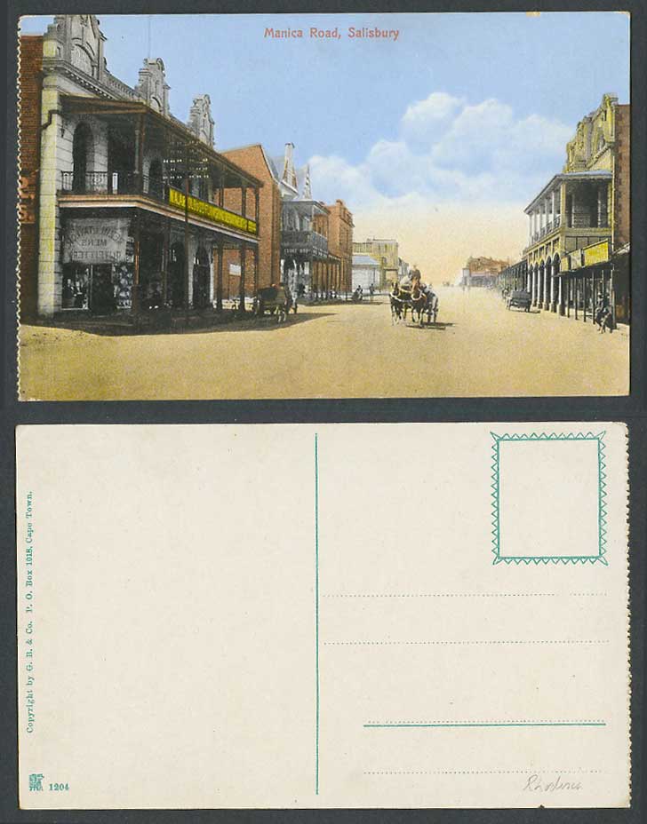 Rhodesia Old Colour Postcard Salisbury, Manica Road, Street Scene, Horse Cart