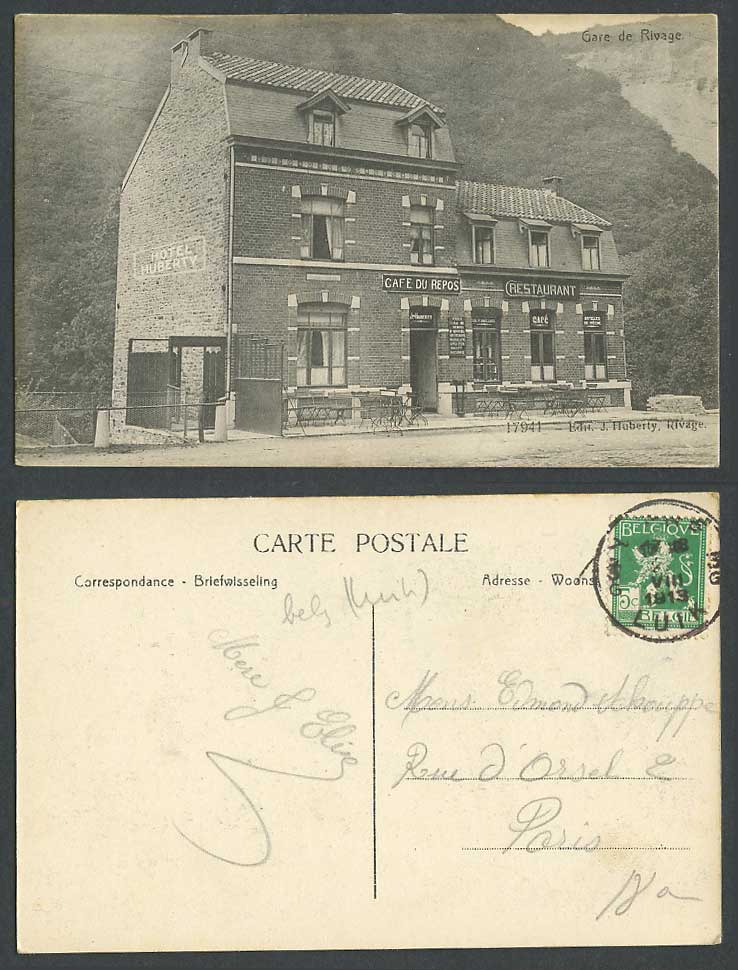 Belgium 5c 1913 Old Postcard Gare de Rivage Railway Station, Hotel Huberty, Cafe