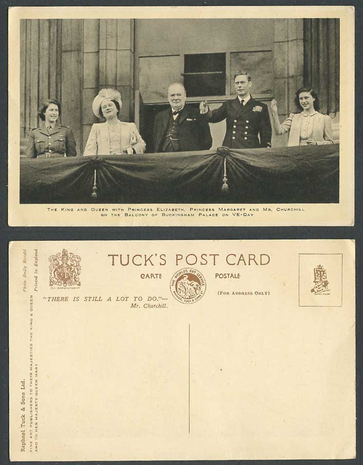 Churchill King Queen Princesses Buckingham Palace Balcony on VE-Day Old Postcard