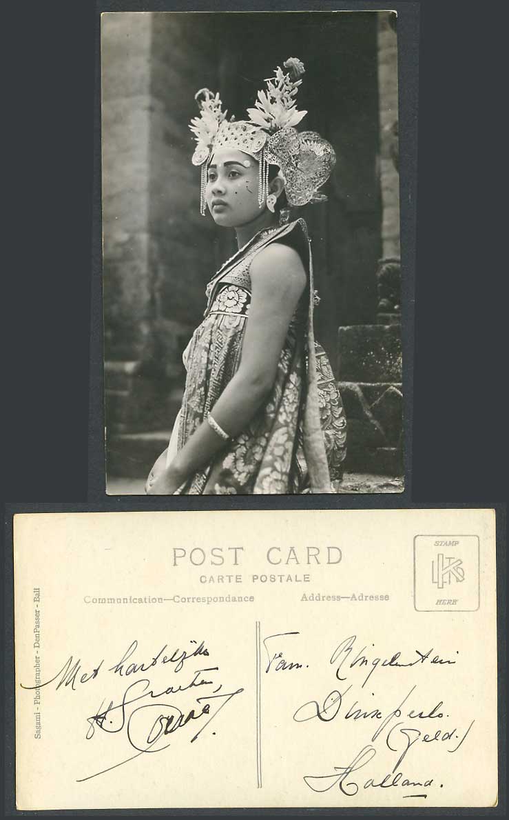 Indonesia Old RP Postcard Native Bali Girl Woman Lady Costumes, Sagami DenPasser
