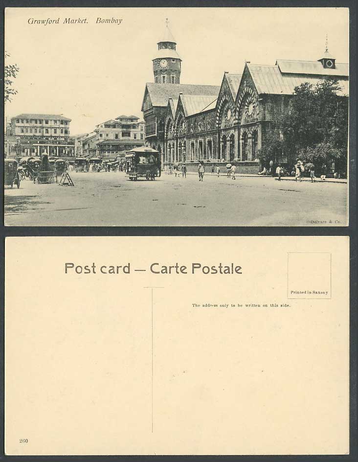 India Old Postcard Crawford Market Bombay, Street Scene Tram Tramcar Clock Tower