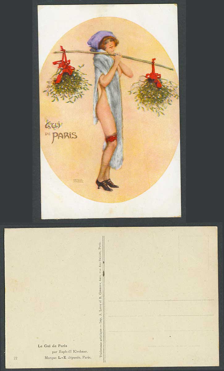 Raphael Kirchner Old Postcard Le Gui de Paris, Girl Carrying Mistletoe Christmas