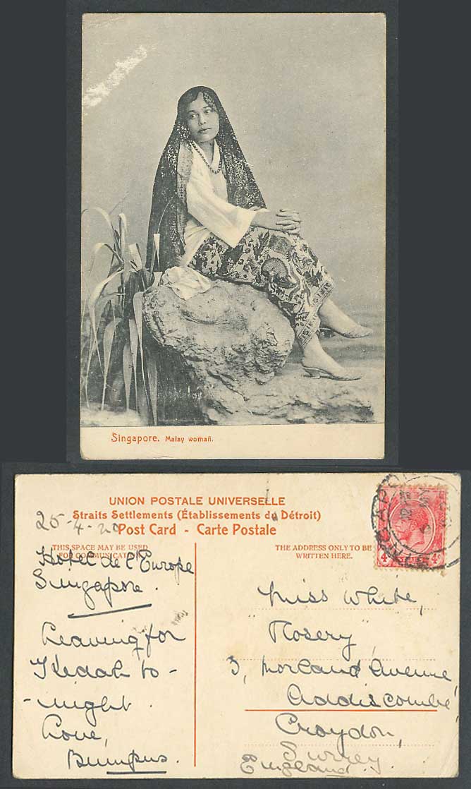 Singapore KG5 4c 1920 Old Postcard Malay Woman Lady Sit on a Rock Silk Headscarf