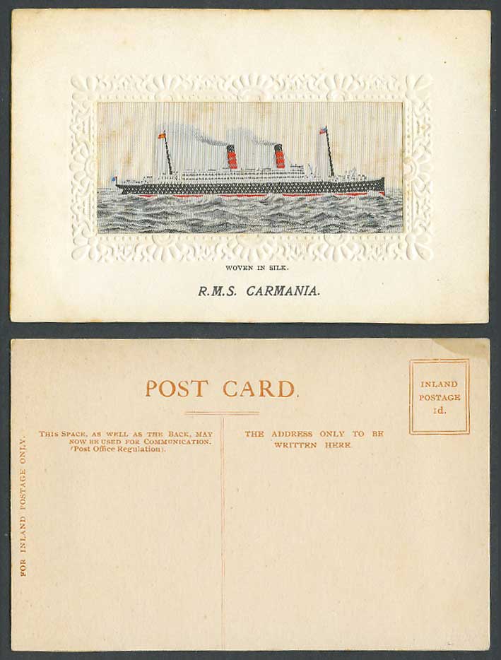WW1 Woven in Silk R.M.S Carmania Royal Mail Steamer Steam Ship Flag Old Postcard