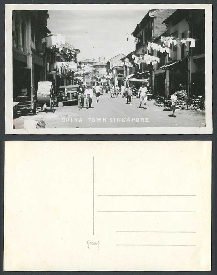 Singapore Old Real Photo Postcard Chinatown China Town Street Scene Car Bicycles