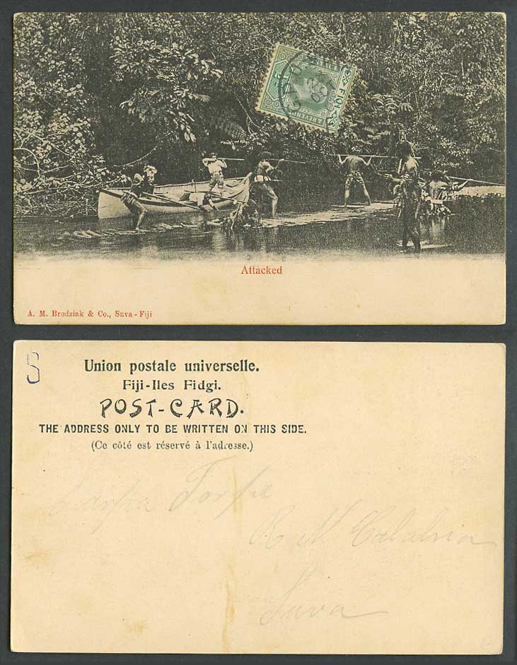 Fiji KE7 1/2d 1905 Old Postcard Attacked Fijian Warriors with Spears, Boat Canoe