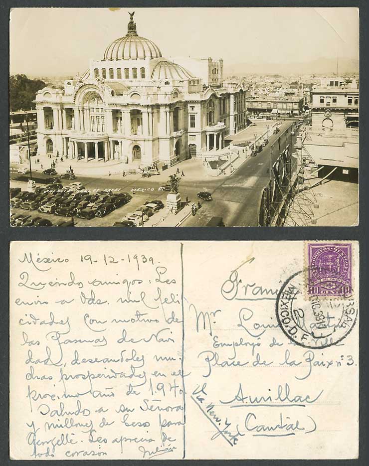Mexico 10c 1939 Old Real Photo Postcard Palacio de Bellas Artes Street Scene Car