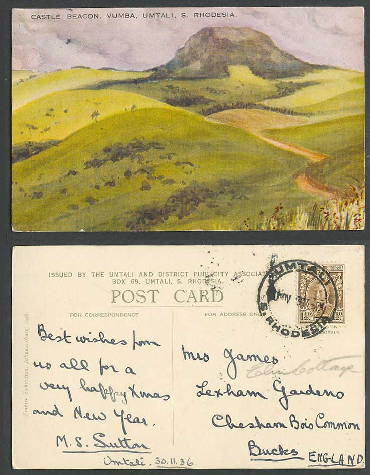 S Rhodesia 1 1/2d 1936 Old Postcard Castle Beacon Vumba Umtali Empire Exhibition