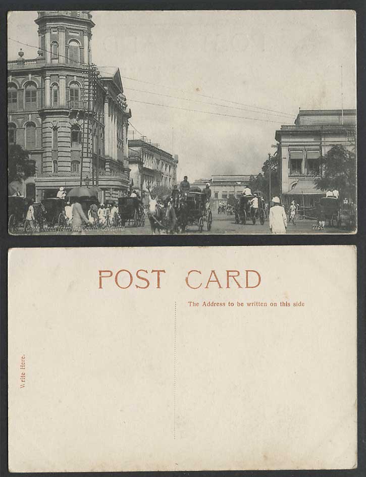 India Old Postcard Clive Street Scene from the South Calcutta Horses Drawn Carts