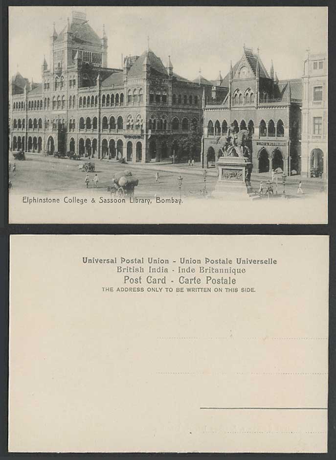 India Old Postcard Bombay Elphinstone College Sassoon Library King's Statue Cart