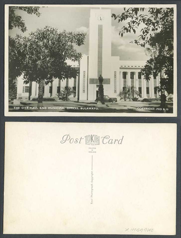Rhodesia Old R. Photo Postcard City Hall Municipal Offices Bulawayo Clock Statue