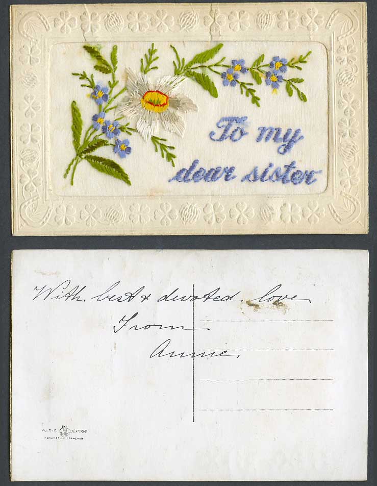 WW1 SILK Embroidered Old Postcard To My Dear Sister, Flowers, Novelty, Greetings