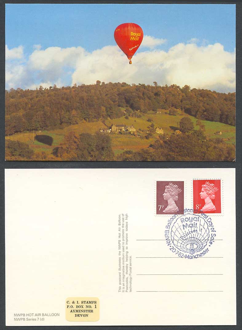 NWPB Hot Air Balloon, Royal Mail Postcode it, Manchester 1982 First Day Postcard