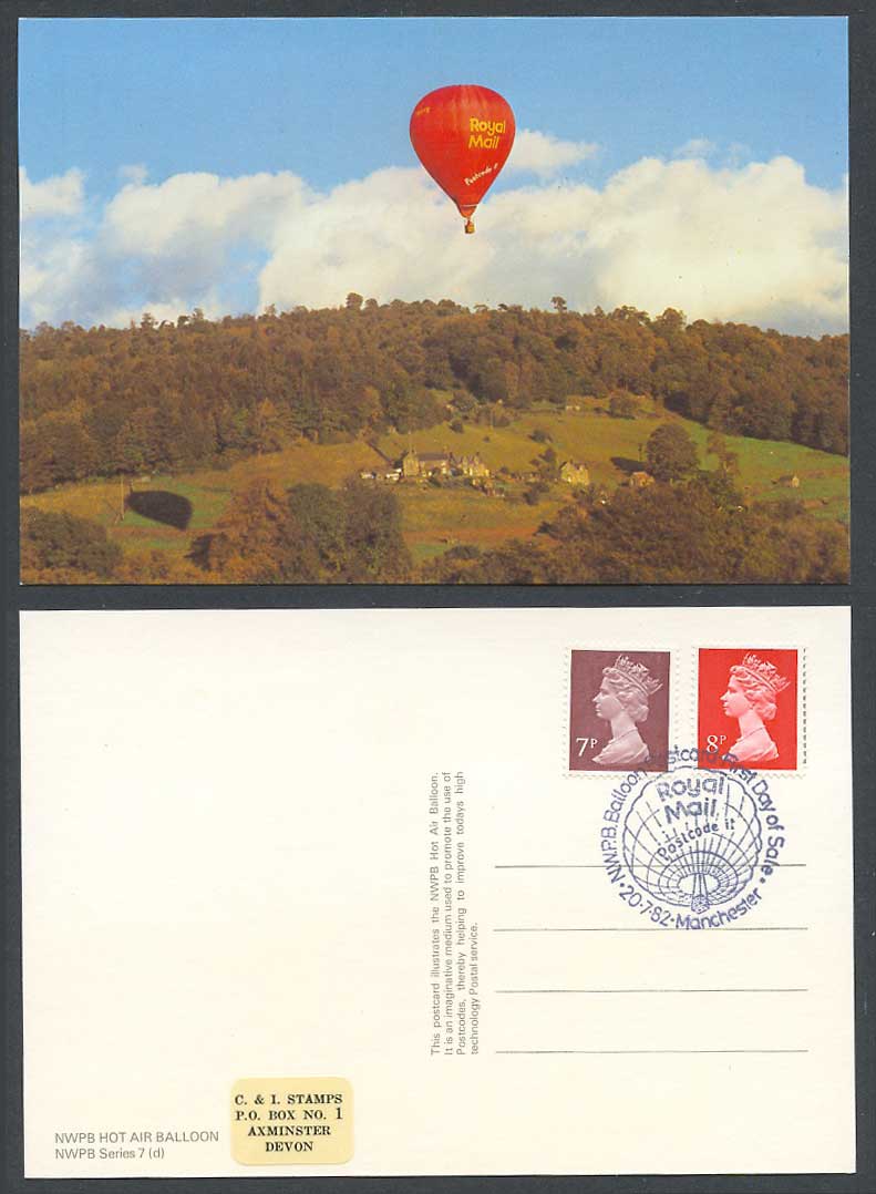 NWPB Hot Air Balloon Royal Mail Postcode it Manchester 7.1982 First Day Postcard