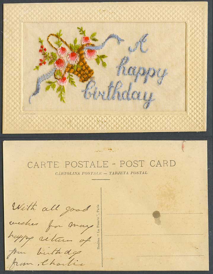 WW1 SILK Embroidered Old Postcard A Happy Birthday Flower Basket Novelty Greetin