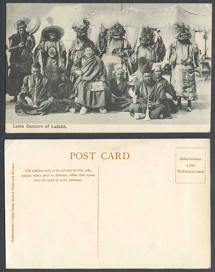 TIBET China India Old Postcard Tibetan Lama Dancers of Ladakh Devil's Mask Horns
