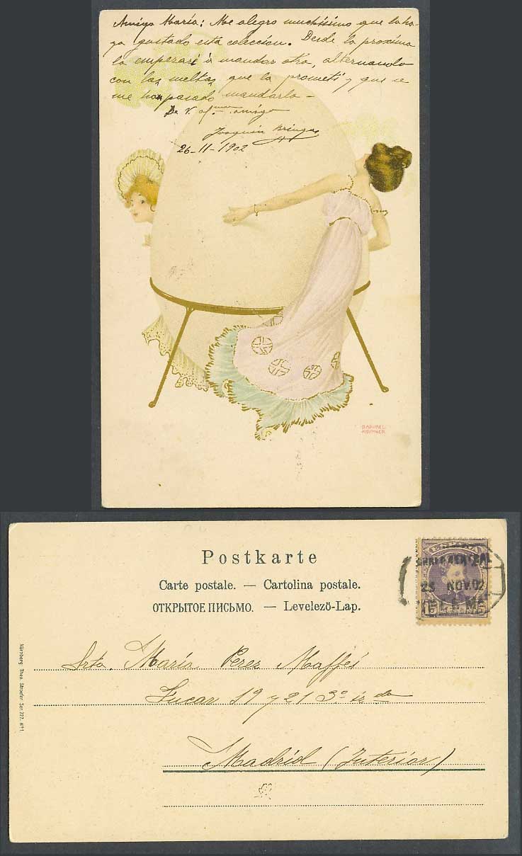 Raphael Kirchner Spain 15c 1902 Old UB Postcard Glamour Ladies Women, Easter EGG