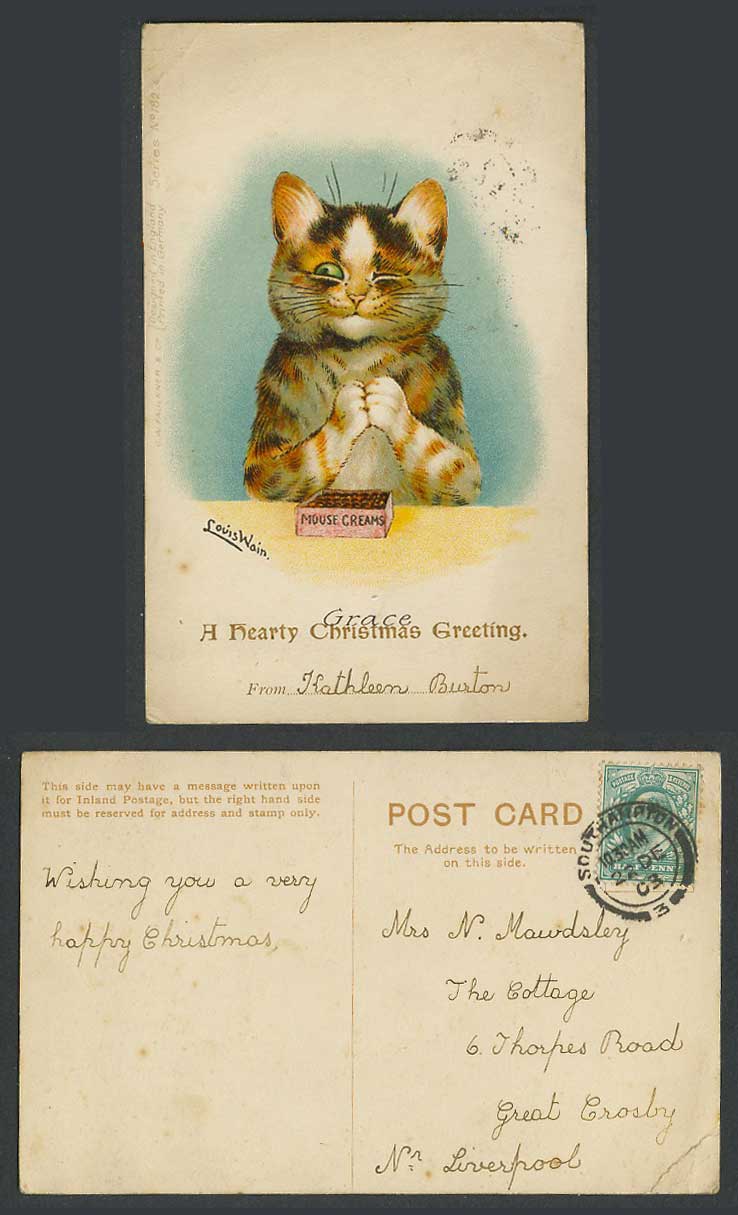 Louis Wain Artist Signed Cat, Mouse Creams, A Hearty Christmas 1903 Old Postcard