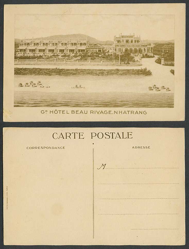 Indo-China Old Postcard Gd. Hotel Beau Rivage Nhatrang Nha Trang Gate Beach Huts