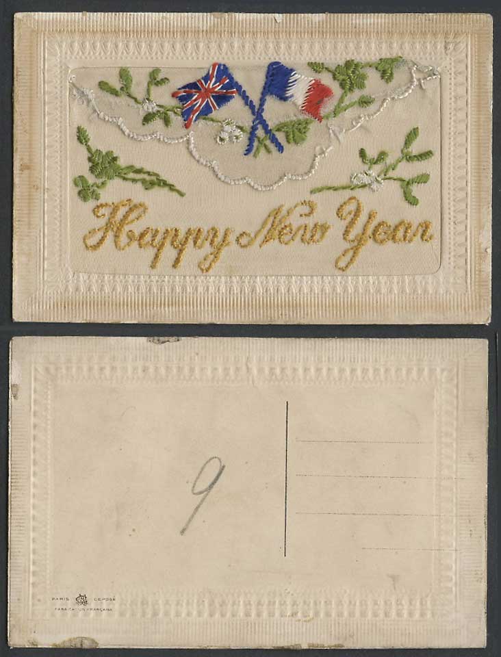 WW1 SILK Embroidered Old Postcard Happy New Year Flag Flags Empty Wallet Novelty