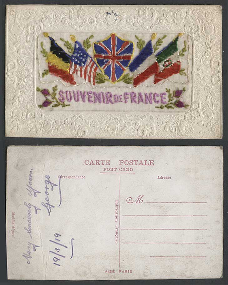 WW1 SILK Embroidered 1919 Old Postcard Souvenir de France Flags Empty Wallet