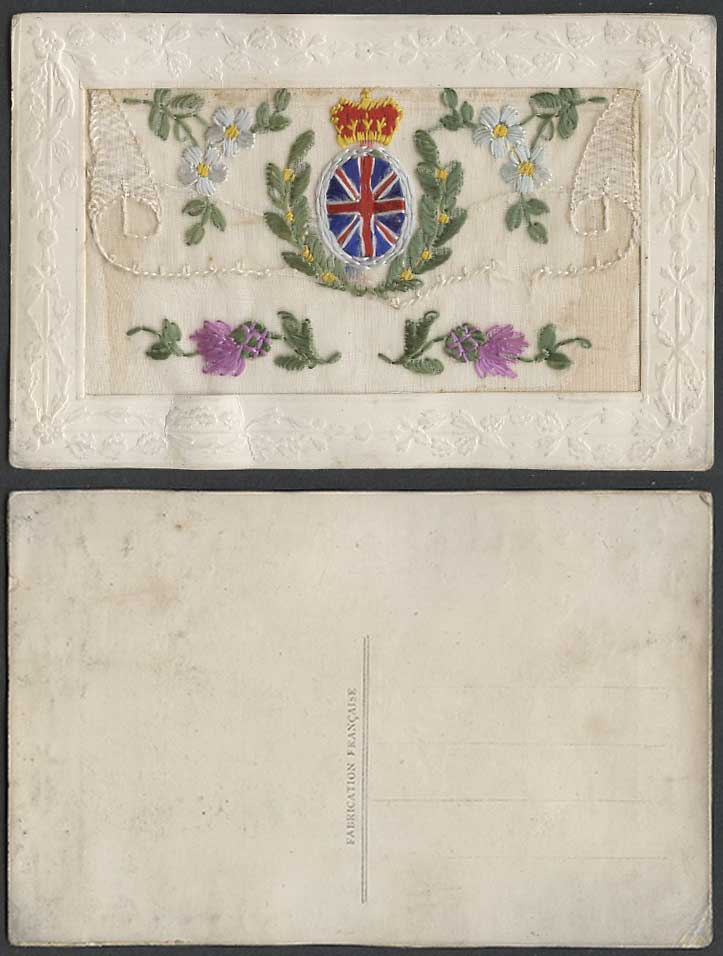WW1 SILK Embroidered French Old Postcard Flowers, Crown Flag Arms, Empty Wallet