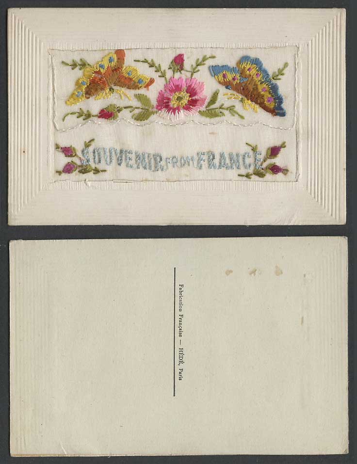 WW1 SILK Embroidered Old Postcard Souvenir From France Butterflies, Empty Wallet