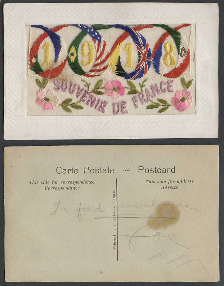 WW1 SILK Embroidered, Souvenir de France 1918 Old Postcard Flags Flowers, Wallet
