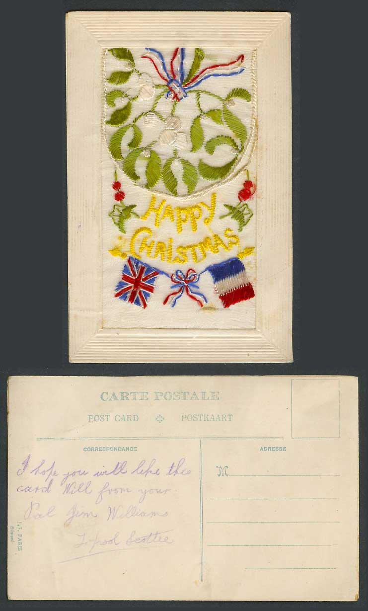 WW1 SILK Embroidered Old Postcard Happy Christmas, Flags Holly Mistletoe, Wallet