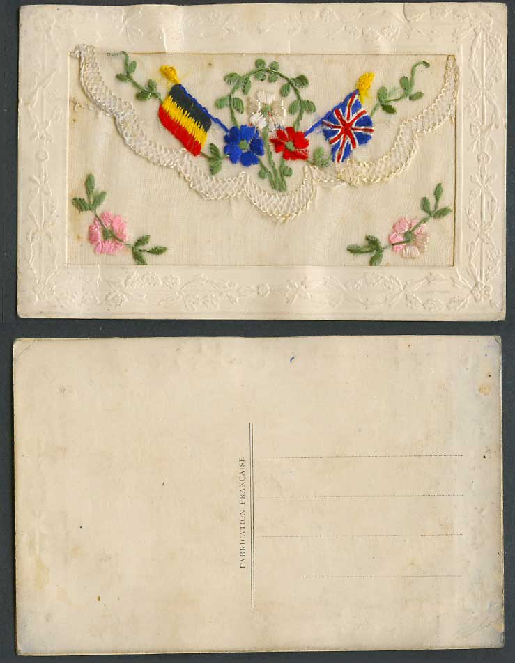 WW1 SILK Embroidered French Old Postcard Flag Flags Flowers Empty Wallet Novelty