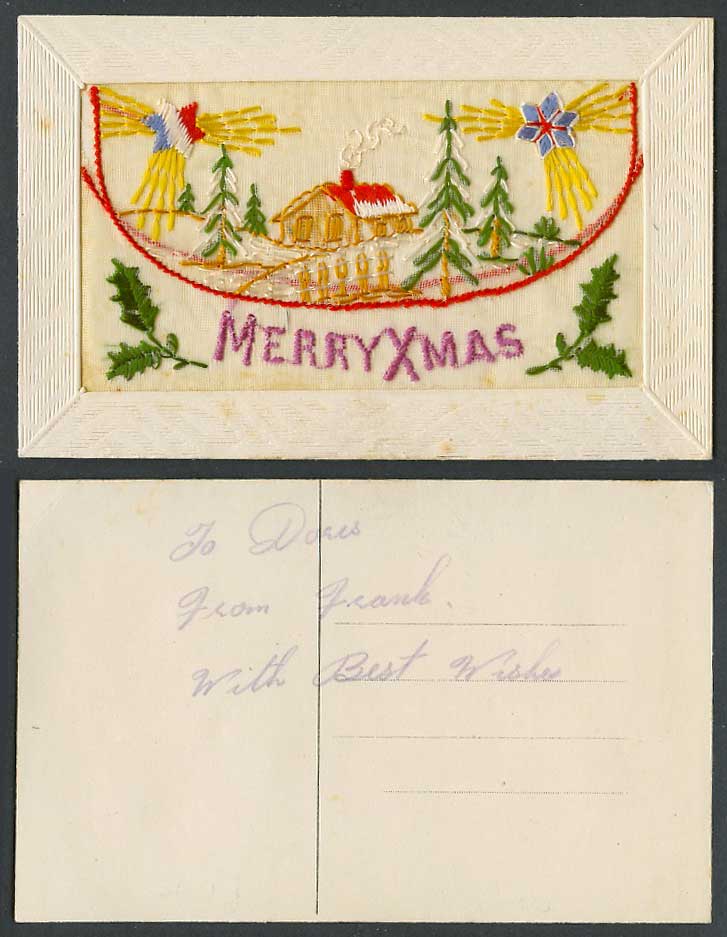 WW1 SILK Embroidered Old Postcard Merry Xmas Cottage Flag Stars Christmas Wallet