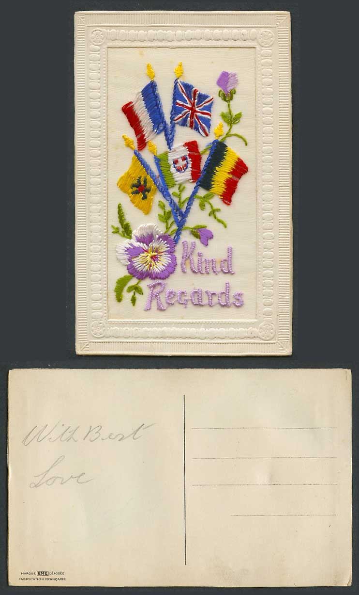 WW1 SILK Embroidered Old Postcard Kind Regards, Flag Flags Pansy Flower, Novelty