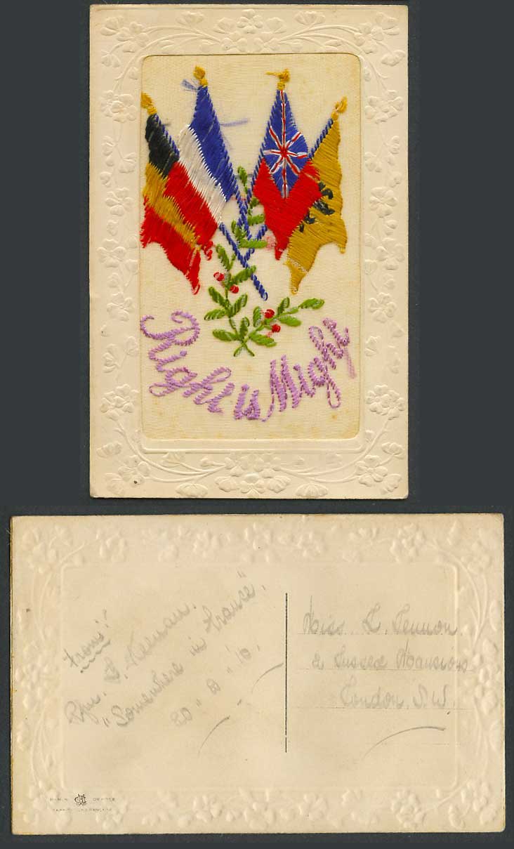 WW1 SILK Embroidered 1916 Old Postcard Right is Might, Flag Flags Holly, Novelty