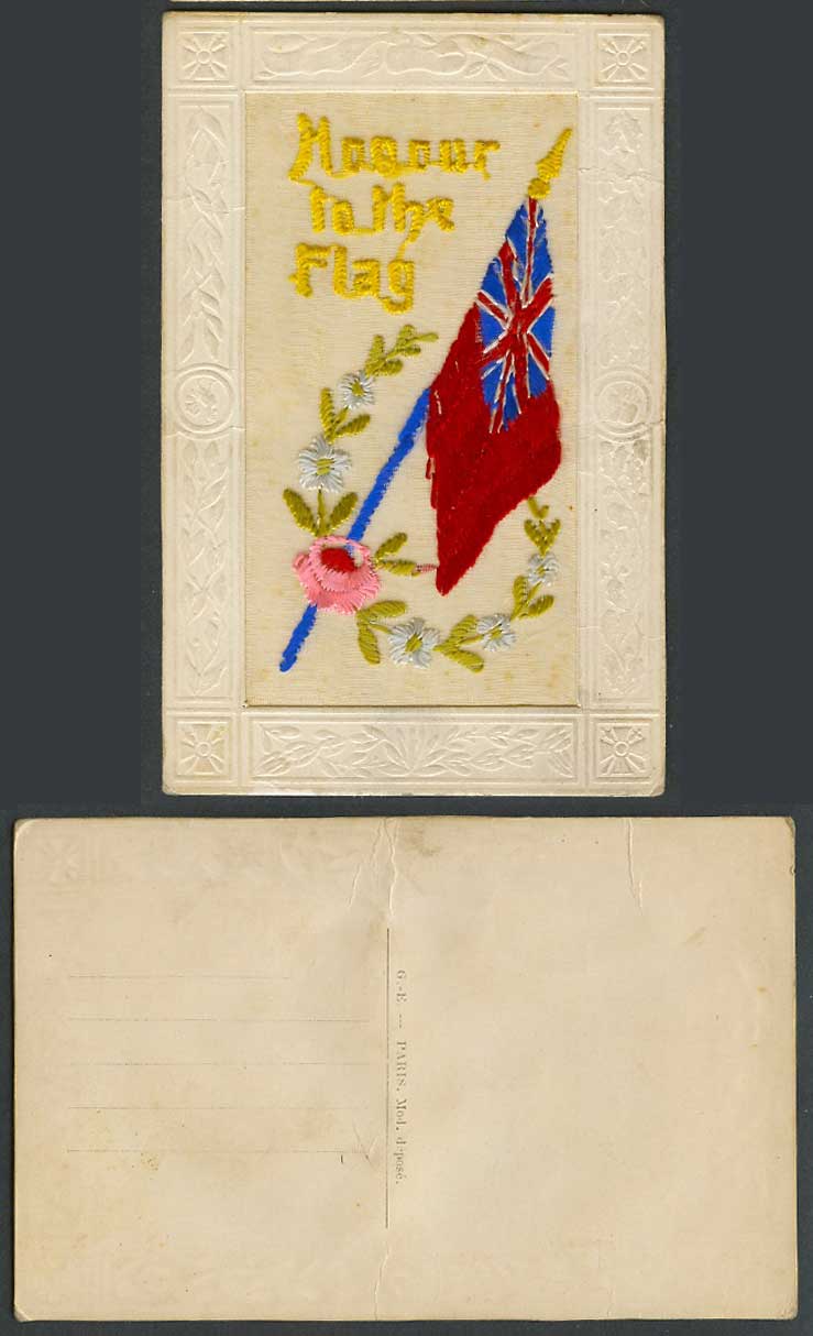 WW1 SILK Embroidered French Old Postcard Honour To The Flag, Flowers, Novelty GE