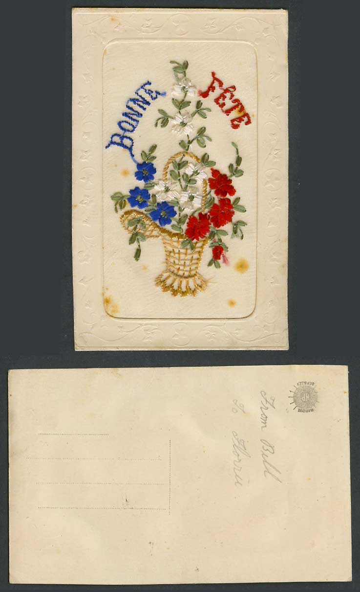 WW1 SILK Embroidered Old Postcard Bonne Fete Happy Holiday Flowers Flower Basket