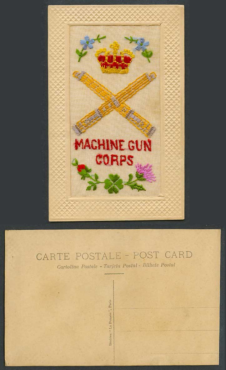 WW1 SILK Embroidered Old Postcard Machine Gun Corps. Coat of Arms Thistle Clover