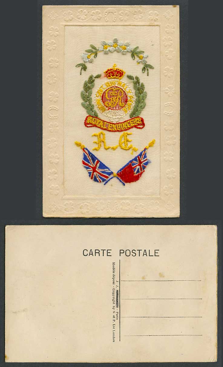 WW1 SILK Embroidered Old Postcard R.E. Royal Engineers Flower Flags Coat of Arms