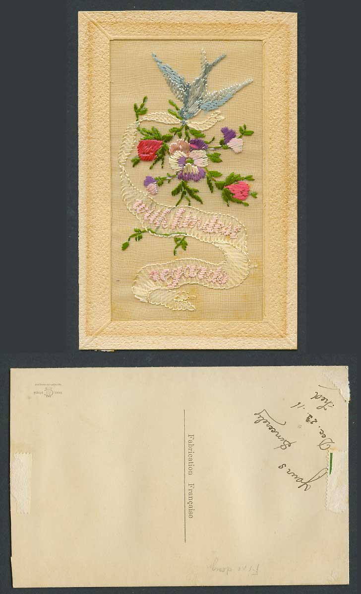 WW1 SILK Embroidered 1916 Old Postcard With Kindest Regards, Bird, Pansy Flowers