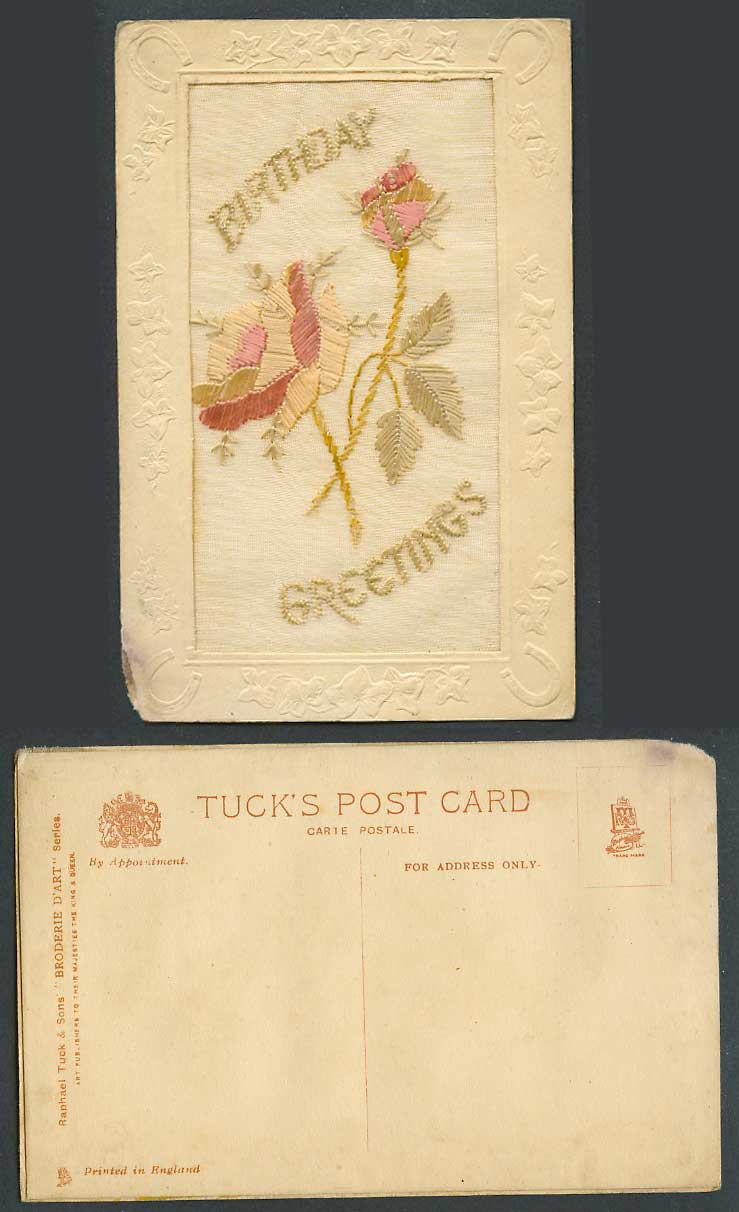 SILK Embroidered, Tuck's Brodere d'Art Old Postcard Birthday Greetings & Flowers