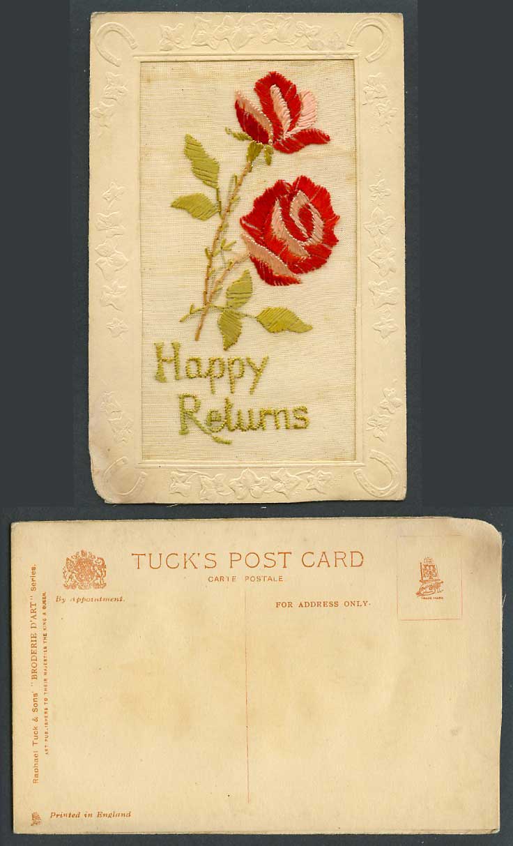 WW1 SILK Embroidered Tuck's Broderie Art Old Postcard Happy Returns Rose Flowers