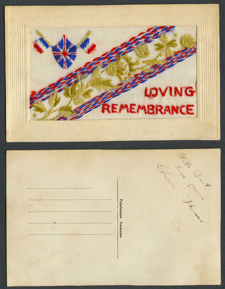 WW1 SILK Embroidered Old Postcard Loving Remembrance, Thistle Flowers Flags Arms