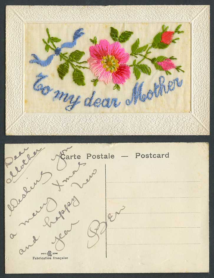 WW1 SILK Embroidered Old Postcard To My Dear Mother, Flowers, Novelty Greetings